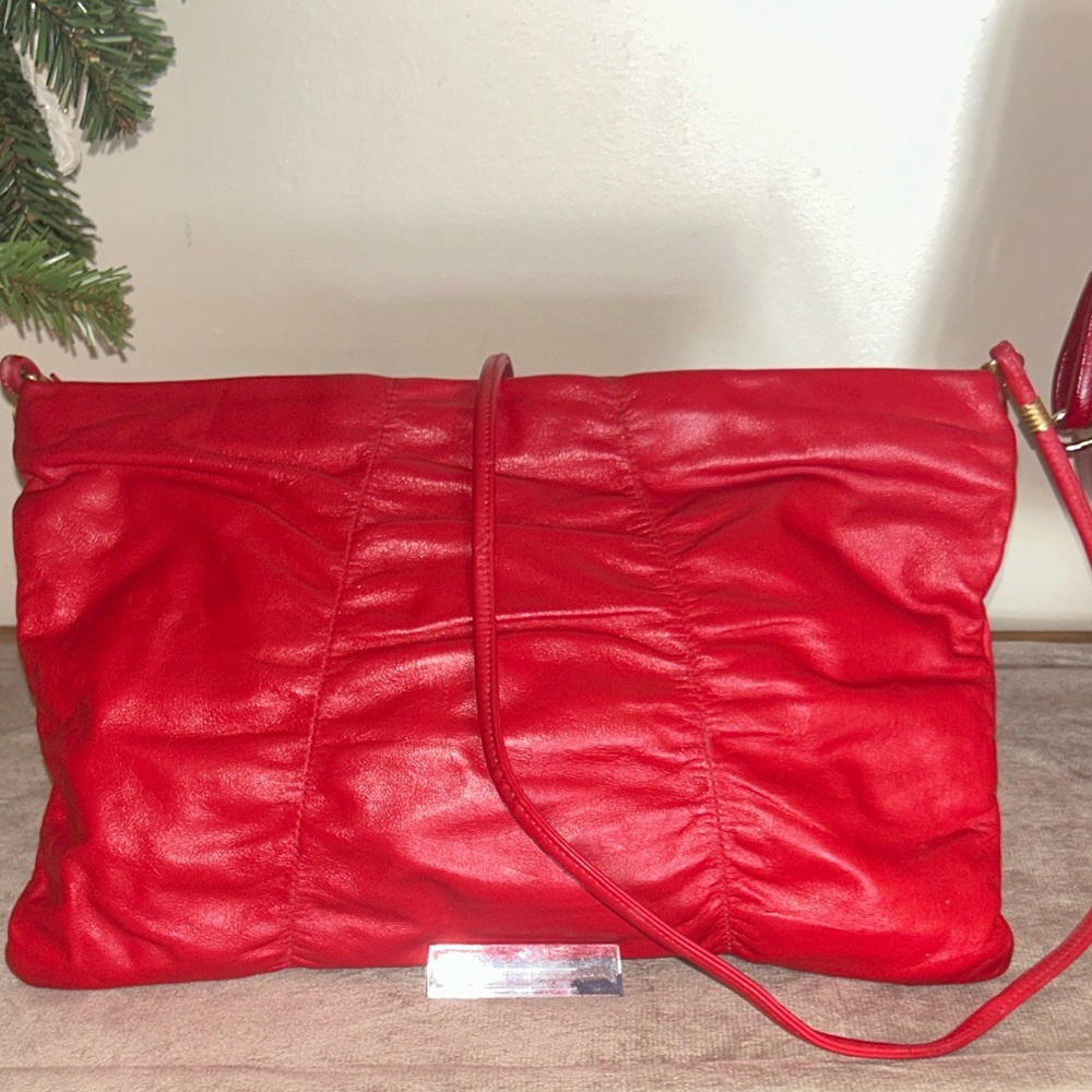 Vintage Red Gathered Soft Leather Crossbody Clutch Bag
